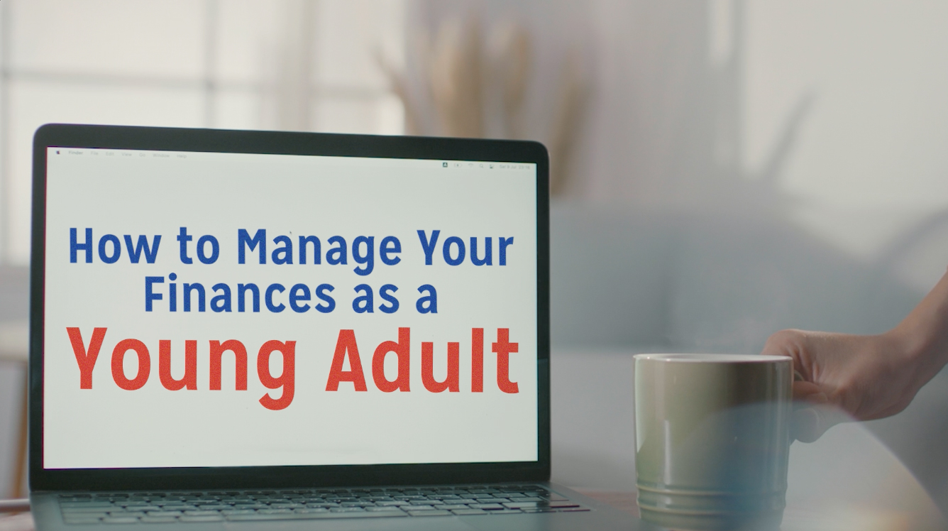 Words on laptop screen read, "How to Manage Your Finances as a Young Adult"